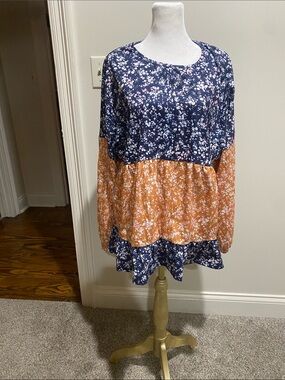 Floral Tiered Long-Sleeve Peplum Top - Navy & Rust
